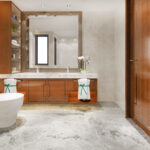 3d rendering modern design and marble tile toilet and bathroom with shelf